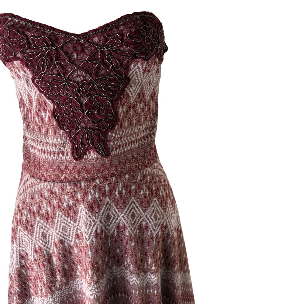 Free People Dress Womens Medium Red Boho Strapless Embroidered Aztec Beaded Trim